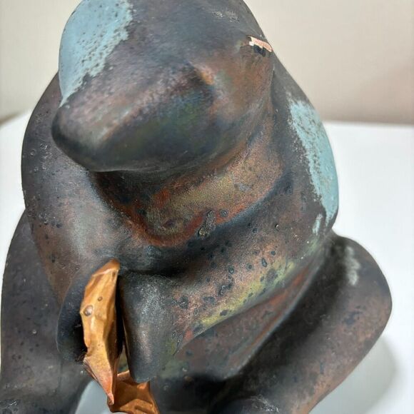 VTG Tony Evans Raku Pottery Sculpture Bear with Copper Fish Metal w Patina Vibe - Picture 5 of 9
